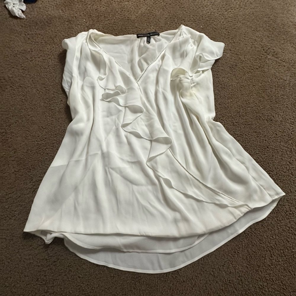 White House Black Market White Ruffled Asymmetrical Blouse